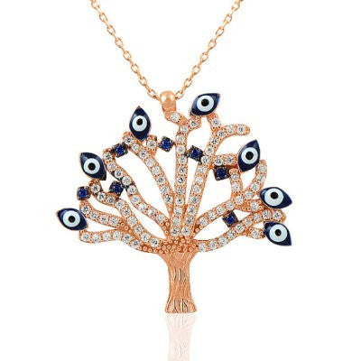 Rose Gold P. 925K Silver Life Tree Evil Eye Art Charm Necklace