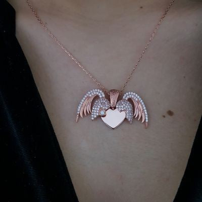 Rose Gold Plated 925K Silver Angel Wings Heart  Personalized Necklace