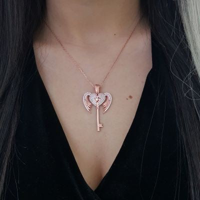 Rose Gold Plated 925K Silver Angel Wings Heart  Personalized Necklace