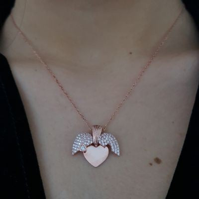 Rose Gold Plated 925K Silver Wings Heart Personalized Necklace