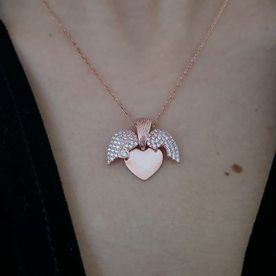 Rose Gold Plated 925K Silver Wings Heart Personalized Necklace