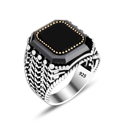 925 Silver Black Onyx Pattern Man Rings