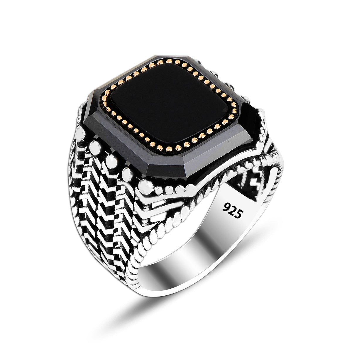 925 Silver Black Onyx Pattern Man Rings