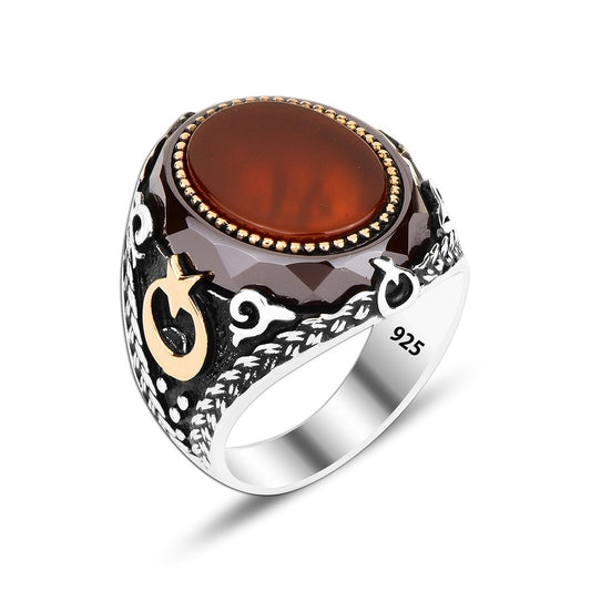 925 Silver Carnelian Crescent Men Ring