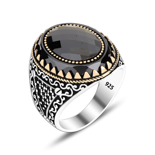 925 Silver Black Zirkon Pattern Ottoman Man Rings