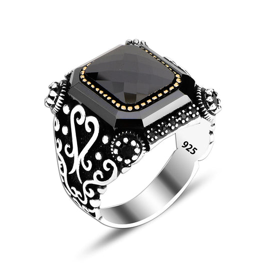 925 Silver Black Zirkon Pattern Ottoman Men Ring