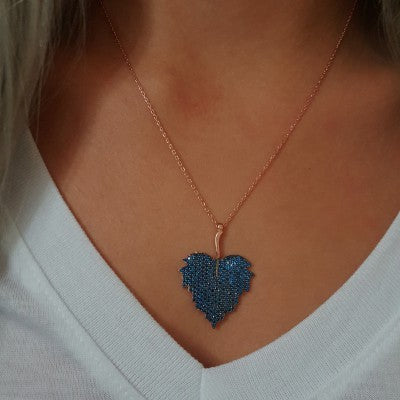 Rose Gold P. 925K Sterling Silver Pave Leaf Blue Stone Necklace