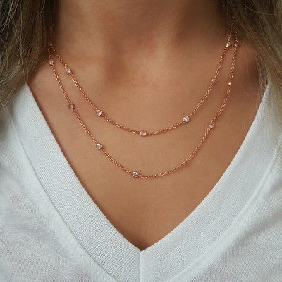 Rose Gold P. 925 Sterling Silver Layer Design Long Rhinestone Necklace