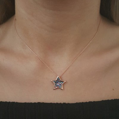 Rose Gold P. 925 Sterling Silver Star Design Pave Necklace