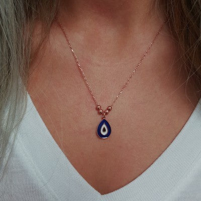 Silver Rose Gold P. 925K Sterling Drop Evil Eye  Necklace