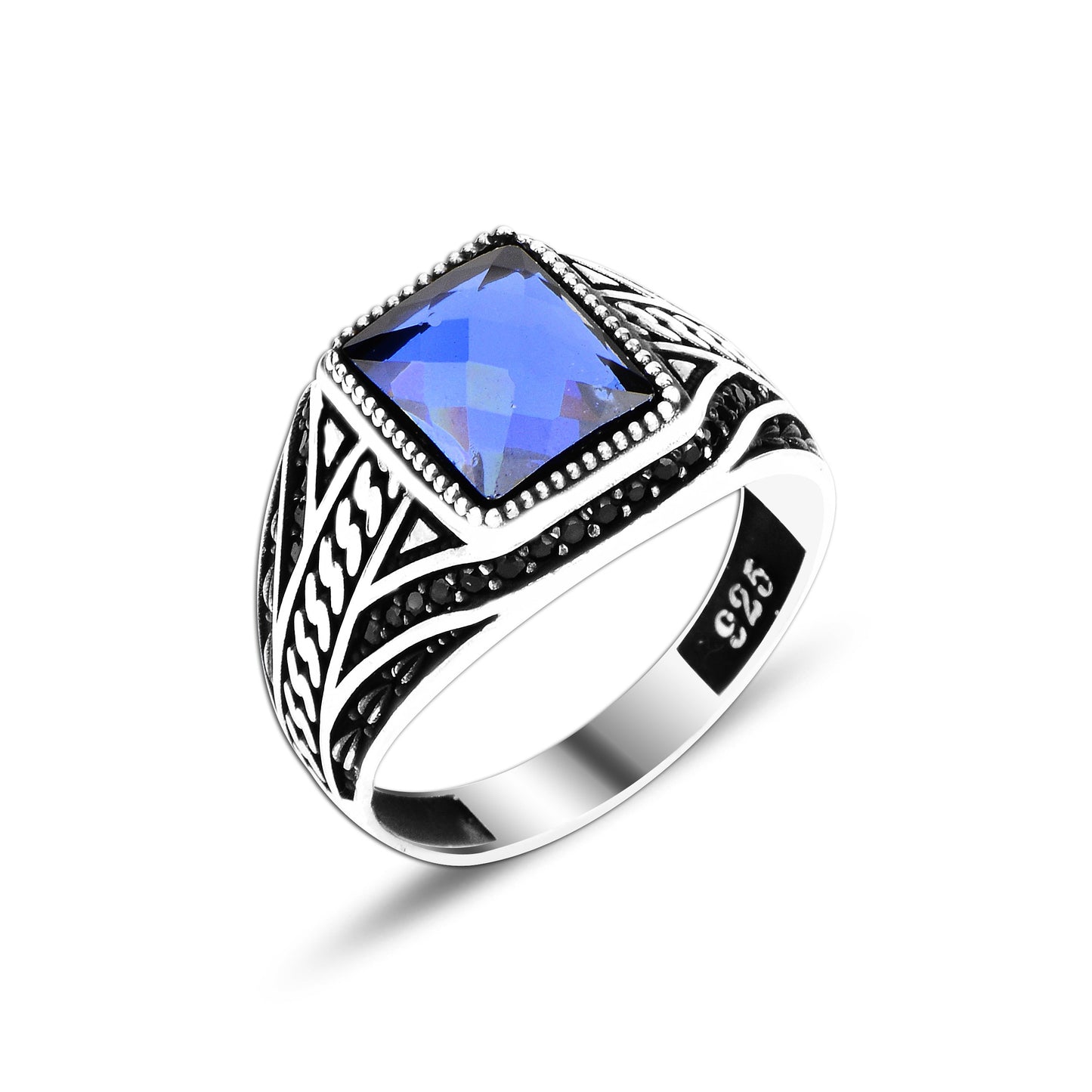 925 Silver Blue Zirkon Pattern Ottoman Men Ring