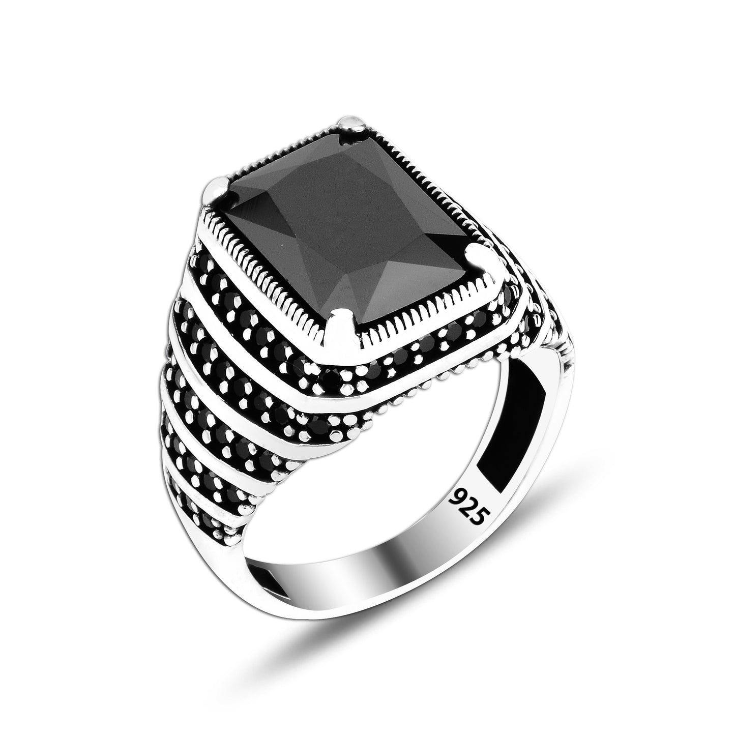 925 Silver Black Zirkon Pattern Ottoman Man Ring