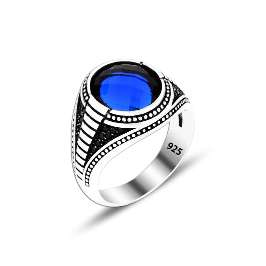 925 Silver Blue Zirkon Pattern Ottoman Men Ring