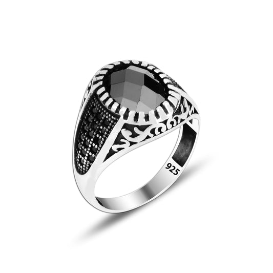 925 Silver Black Zirkon Pattern Ottoman Men Ring