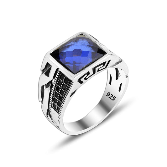 925 Silver Blue Zirkon Pattern Ottoman Men Ring