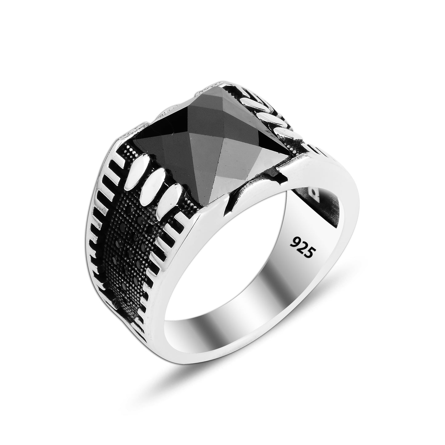 925 Silver Black Zirkon Pattern Ottoman Man Ring