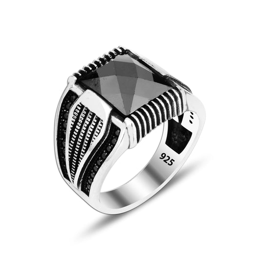 925 Silver Black Zirkon Pattern Ottoman Men Ring