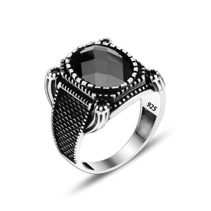 925 Silver Black Zirkon Pattern Ottoman Man Ring