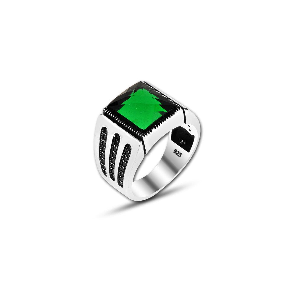 925 Silver Green Zircon Stone Ring For Men