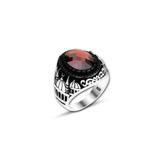 925 Silver Red Zircon Stone Mosque Ring For Men