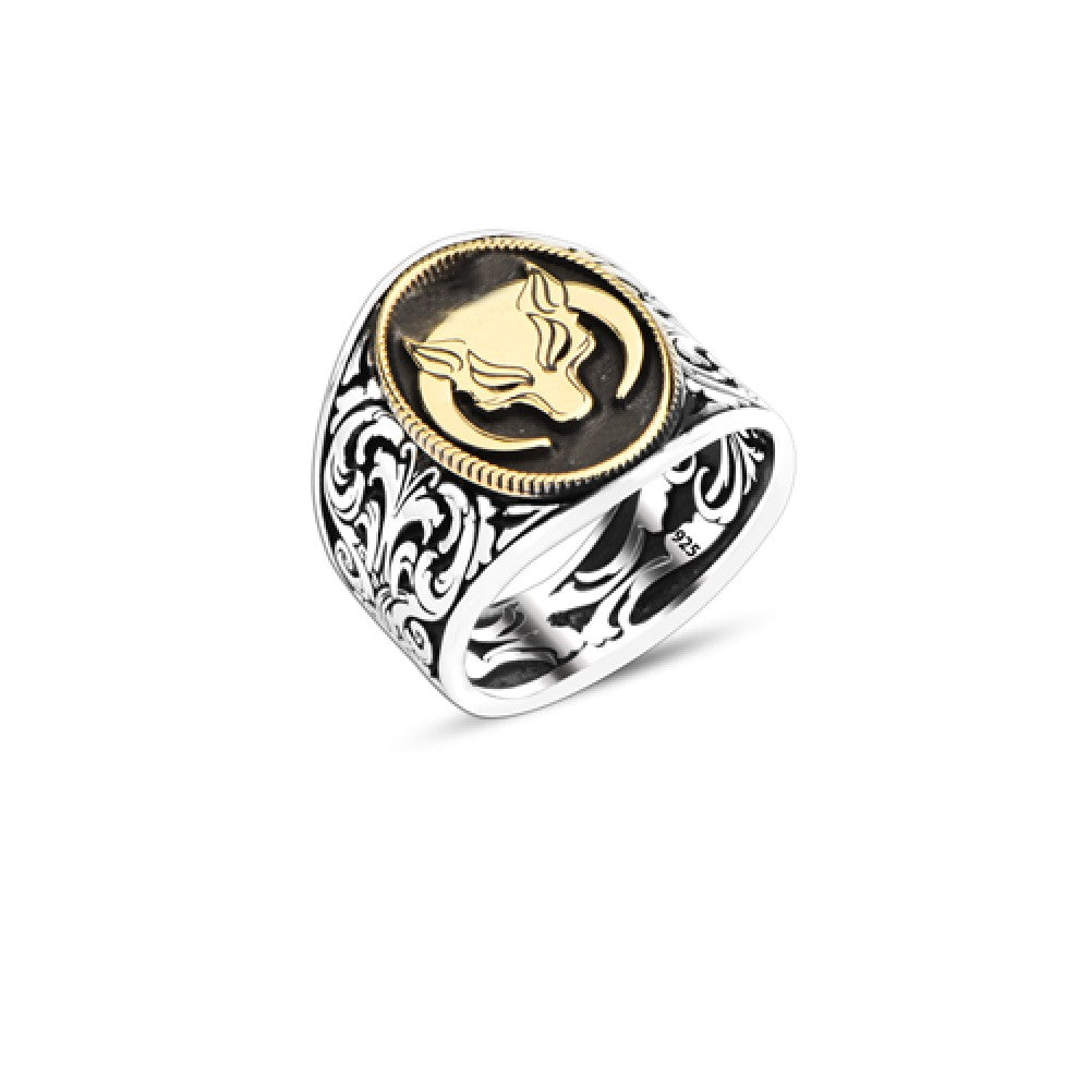 925 Silver Wolf Head and Moon Ring For Men