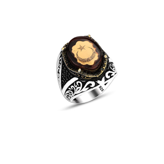 925 Silver Amber Stone Moon and Star Ring For Men