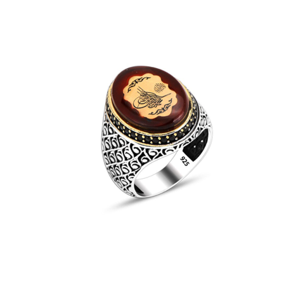 925 Silver Amber Stone Ottoman Tugra Ring For Men