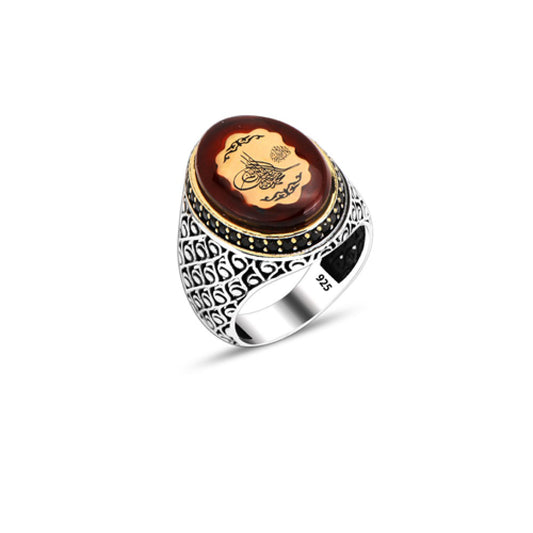 925 Silver Amber Stone Ottoman Tugra Ring For Men