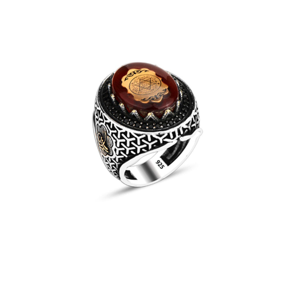 925 Silver Amber Stone Solomon Seal Ottoman Tugra Ring For Men