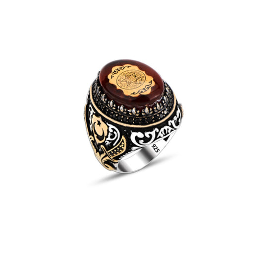 925 Silver Amber Stone Solomon Seal Moon and Star Ring For Men