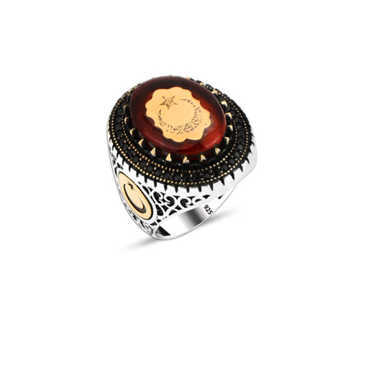 925 Silver Amber Stone Moon and Star Ring For Men