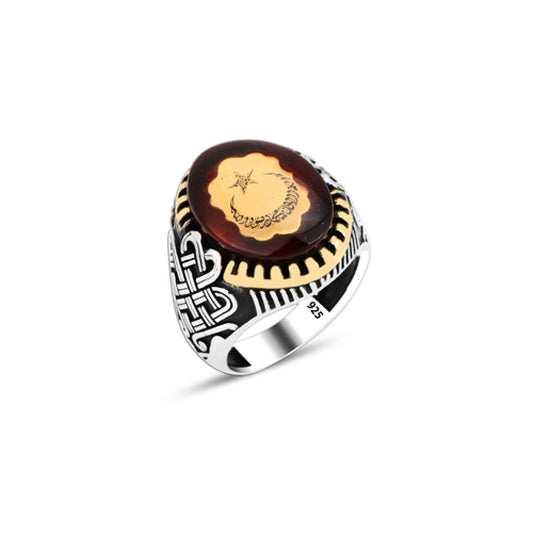 925 Silver Amber Stone Moon and Star Ring For Men