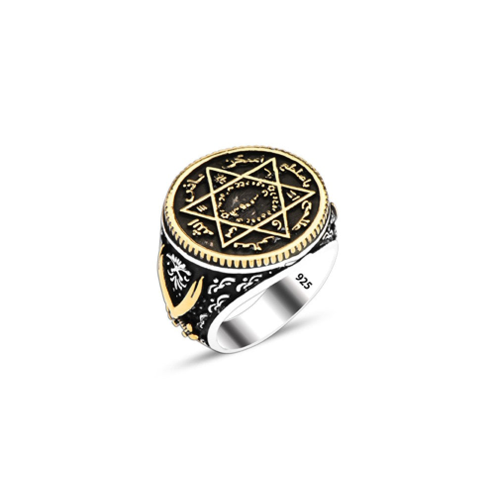 925 Silver Solomon Seal Sword Black Ring For Men