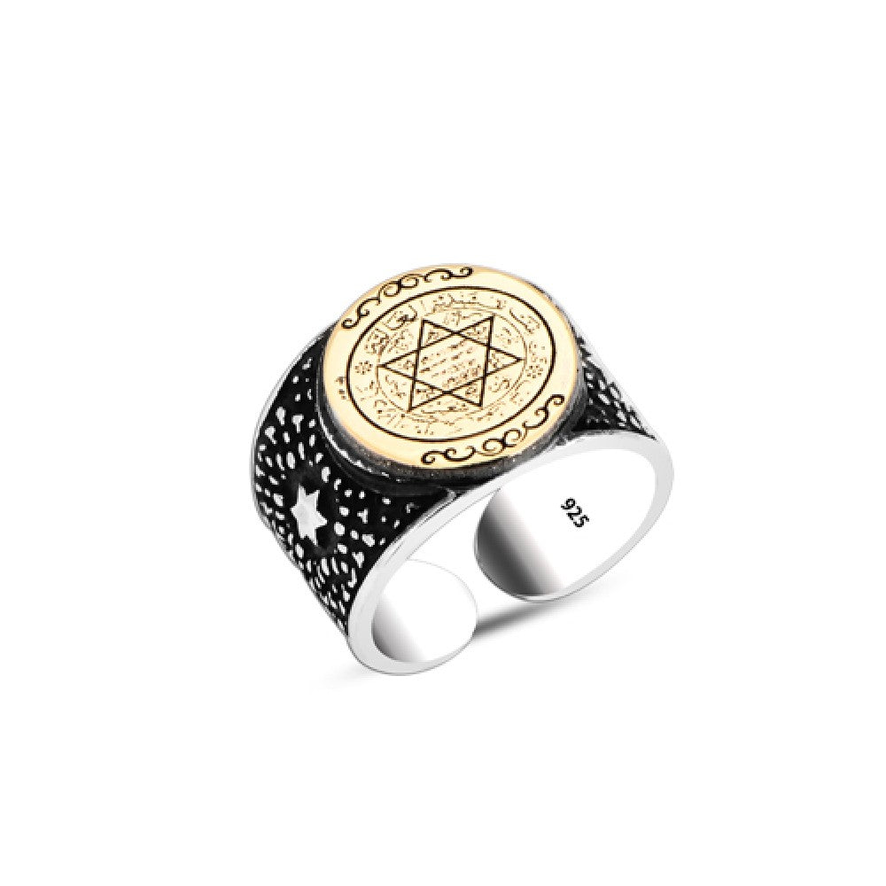 925 Silver Solomon Seal Adjustible Ring For Men