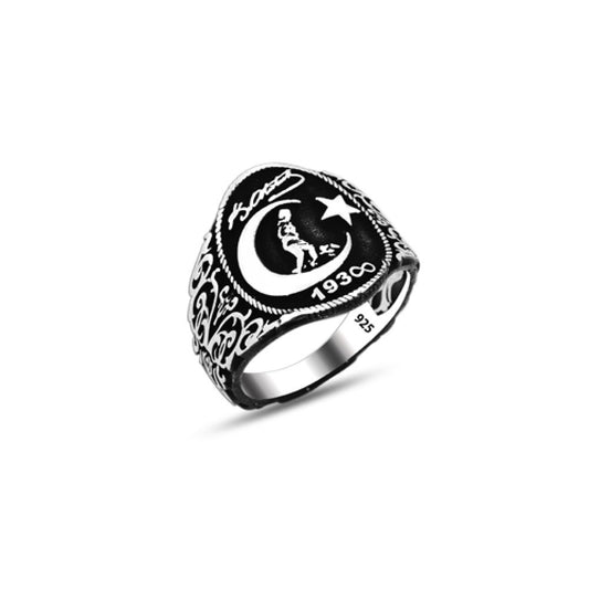 925 Silver Ataturk Moon and Star  Ring For Men